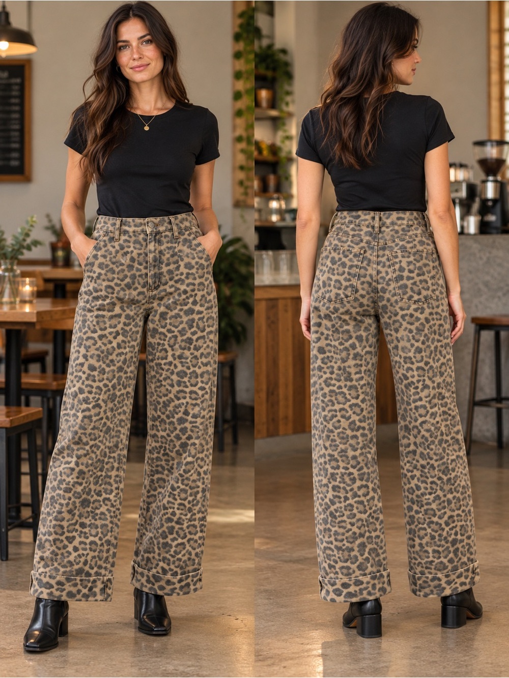 Pilcro Wide Leg Leopard Print Pants - Black & Brown